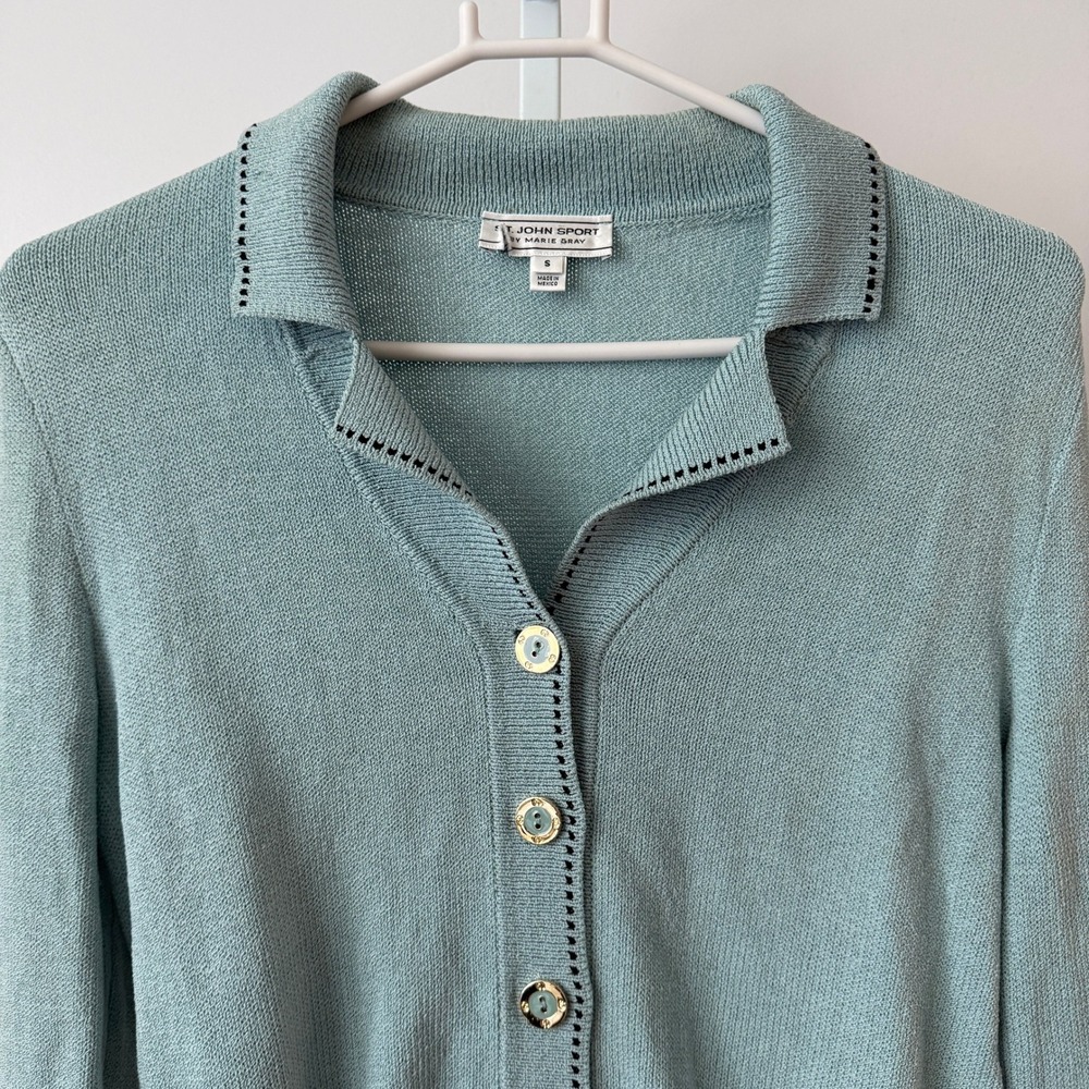 St. John Sport S Blue Cardigan Wool Collared Button Luxury Designer Old Money - Picture 2 of 7